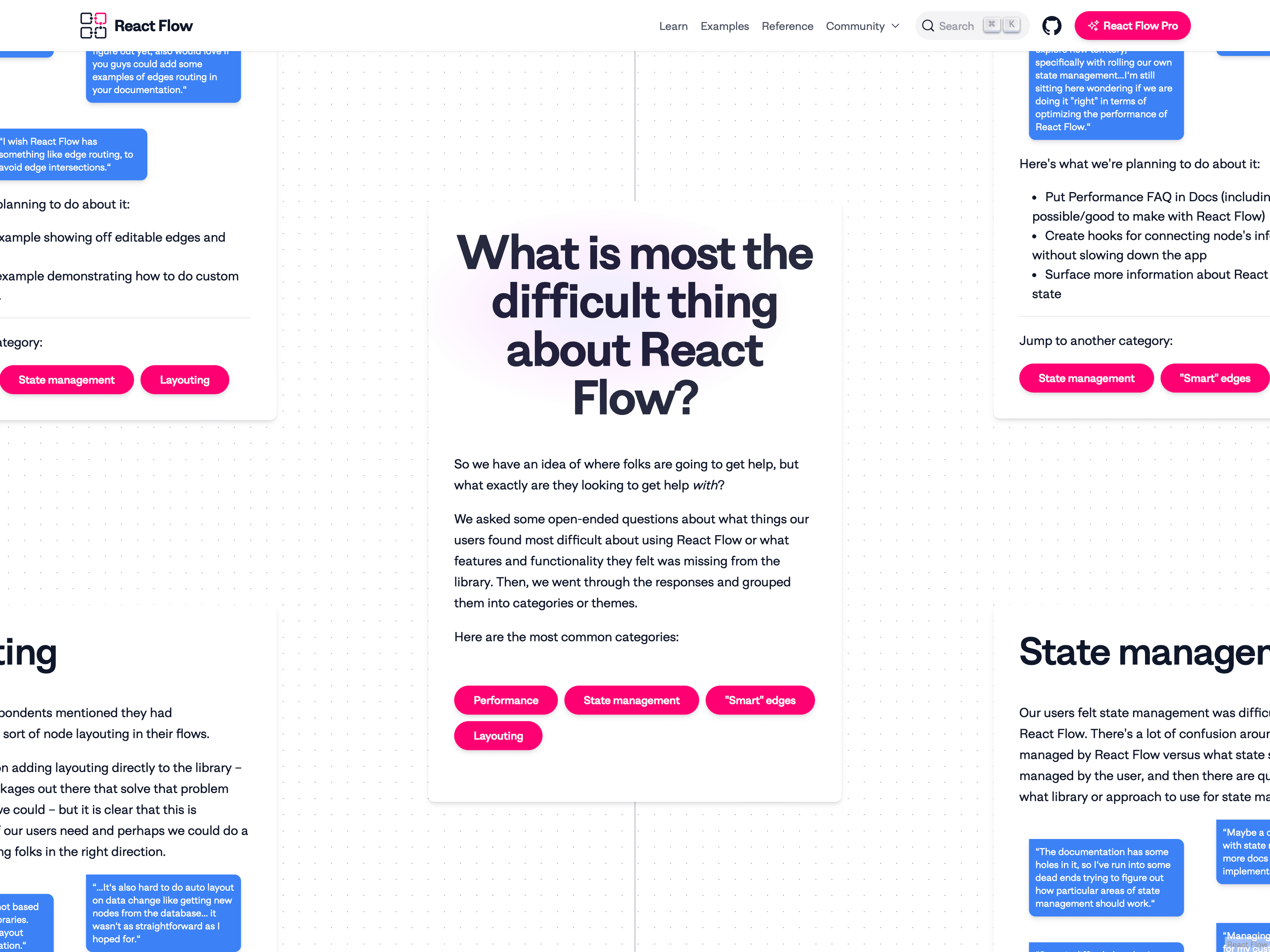Screenshot of slides laid out on an infinite canvas, each with information pulled from a survey of React Flow users